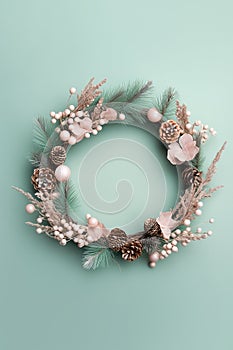 Flower Christmas wreath on pastel background. Floral trendy minimalistic wreath. Design for winter festive Christmas New Year