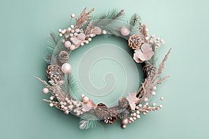 Flower Christmas wreath on pastel background. Floral trendy minimalistic wreath. Design for winter festive Christmas New Year