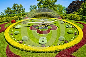 Flower clock in Geneva, Switzerland. L`horloge fleurie in French, outdoor flower clock located on the western side of Jardin