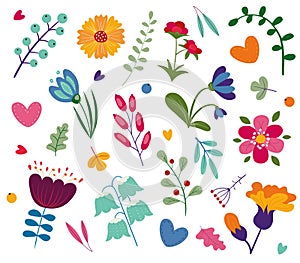 Flower collection with leaves, floral bouquets. Vector flowers. Spring art print with botanical elements.