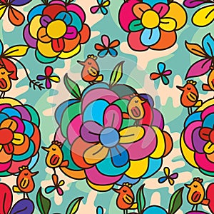 Flower colorful bird stylish seamless pattern