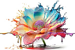 Flower and colorful water splash isolated on white, illustration generated by AI