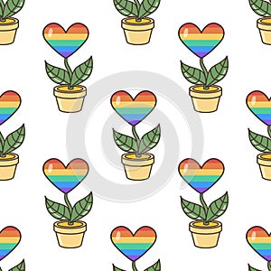 A flower in the colors of the LGBT flag growing in a flower pot, seamless pattern. Illustration in cartoon style. 70s retro