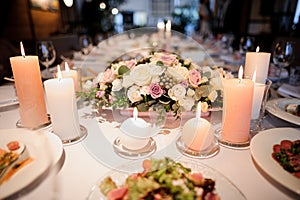 Flower composition decorating a served table for a celebration dinner