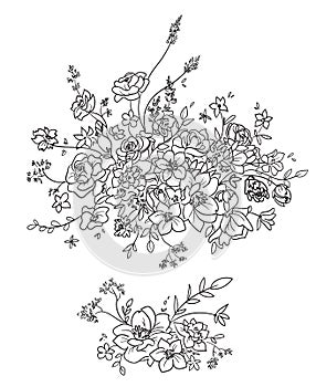 Flower composition, decorative element, vector line art