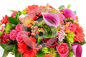 Flower composition in a original hat box. Concept of flower shop. Colorful bouquet of mix flowers in a cachepot. Postcard with fl