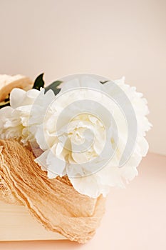 Flower composition with white peonies over peach color background
