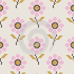 Flower cross stitch embroidery, vector seamless pattern