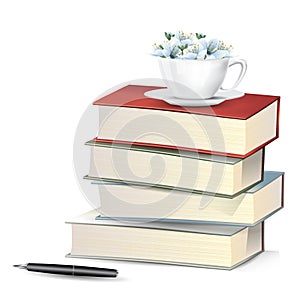 Blue flower blossoms in cup on books pile with pen