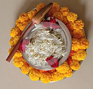 Flower decorated in a plate for pooja