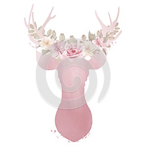 Flower Deer Watercolor Animal Illustration Cute Head Spring Floral Design on white background.