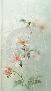 Flower with delicate petals,pastel hues of peach and mint green,backdrop of blurred garden scene