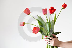 Flower delivery florist holding red tulip bouquet