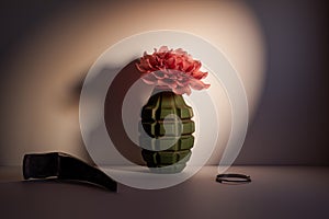 The flower in the disassembled hand grenade - anti-war concept