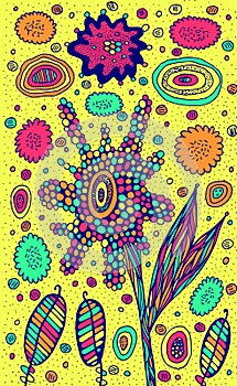 Flower doodle with cute sun. Psychedelic drawing. Colorful cartoonish artwork. Summer landscape. Folk art poster. Vector