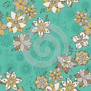 Flower doodle pattern, vector hand drawn floral illustration