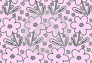 Flower doodle seamless pattern vector background. Simple childish naive hand drawn floral pink backdrop Black ink flower with