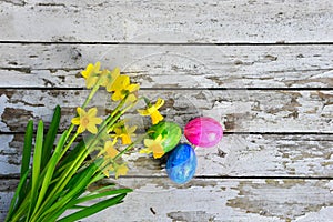 Flower Easter eggs wood background