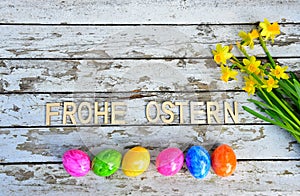 Flower Easter eggs wood background