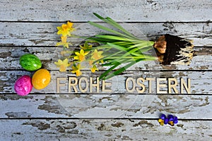 Flower Easter eggs wood background