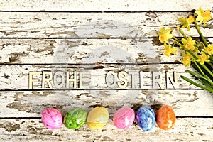 Flower Easter eggs wood background