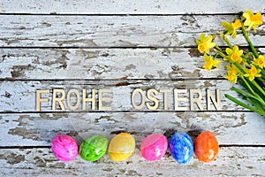 Flower Easter eggs wood background