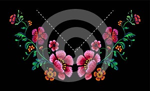 Flower   Embroidery Design for neckline. Floral design for fashion blouses and t-shirts. Vector illustration