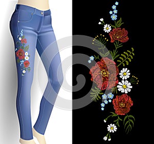 Flower embroidery on woman blue jeans 3d mockup. Fashion outfit detail rose poppy flower print patch vector illustration