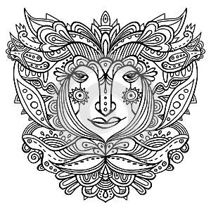 Flower-face line art. Hand-drawn ethnic ornate godess. Black vector illustration on a white background