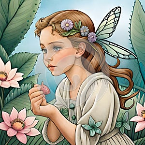 Flower fairy watercolor drawing with a cute girl