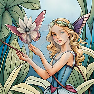 Flower fairy watercolor drawing with a cute girl