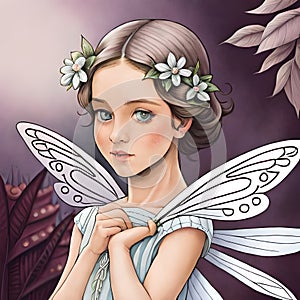 Flower fairy watercolor drawing with a cute girl