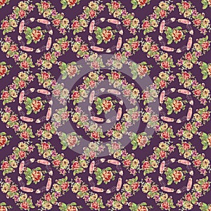 Flower and feather wreath seamless pattern with purple background