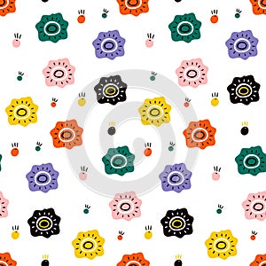 Flower field in a flat style. Creative scandinavian kids texture for fabric, wrapping, textile, wallpaper, apparel. Vector