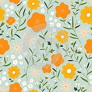 Flower field on mint background, seamless pattern illustration