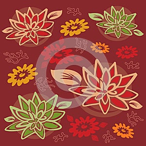 Flower and Foliage Pattern - Lotus Flower / Coral