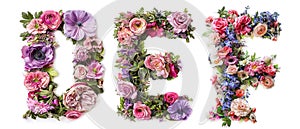 Flower font alphabet D, E, F made of colorful floral letters on white background