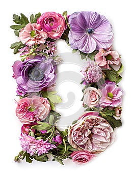 Flower font alphabet D made of colorful floral letter on white background