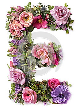 Flower font alphabet E made of colorful floral letter on white background