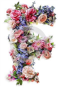 Flower font alphabet F made of colorful floral letter on white background