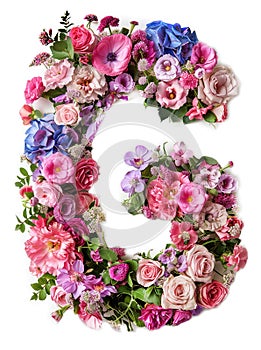 Flower font alphabet G made of colorful floral letter on white background