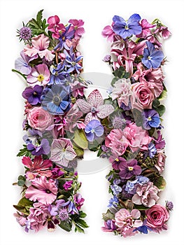 Flower font alphabet H made of colorful floral letter on white background