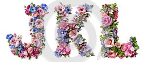 Flower font alphabet J, K, L made of colorful floral letters on white background