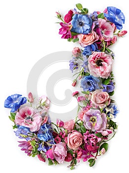 Flower font alphabet J made of colorful floral letter on white background