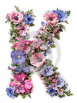 Flower font alphabet K made of colorful floral letter on white background