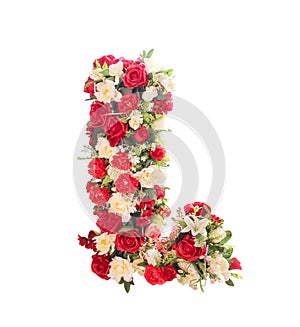 Flower font alphabet L decorative with colorful red rose white lily isolated on white background , clipping path for Wedding ,