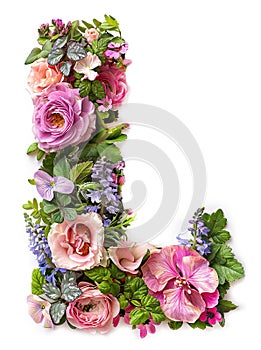 Flower font alphabet L made of colorful floral letter on white background