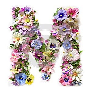 Flower font alphabet M made of colorful floral letter on white background