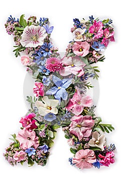 Flower font alphabet X made of colorful floral letter on white background