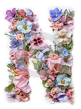 Flower font alphabet N made of colorful floral letter on white background